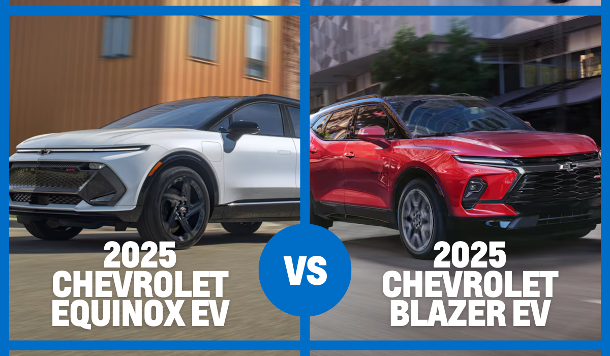 Side-by-side images of the 2025 Chevrolet Equinox EV in white and the 2025 Chevrolet Blazer EV in red, highlighting Platinum Chevrolet Santa Rosa’s comparison of the two electric SUVs