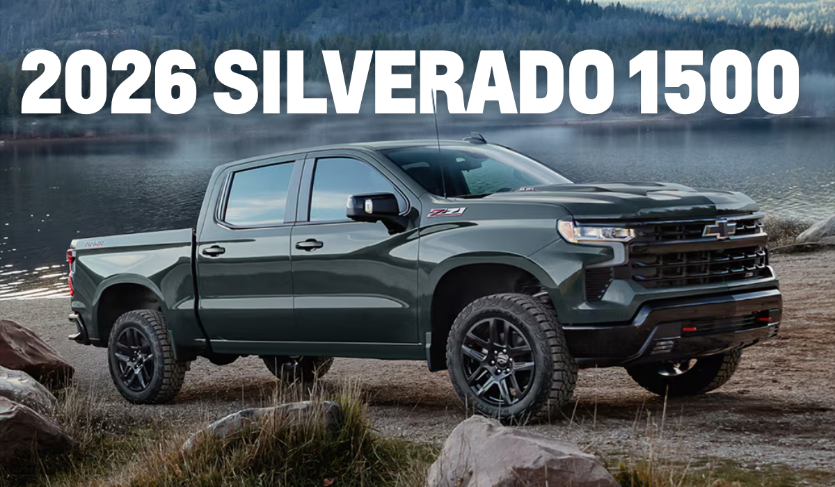 2026 Chevrolet Silverado 1500 in green driving off-road with bold front grille and rugged terrain background.