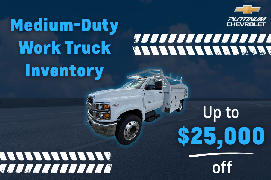 Chevrolet medium-duty work truck with utility body and text promoting inventory and up to $25,000 off.