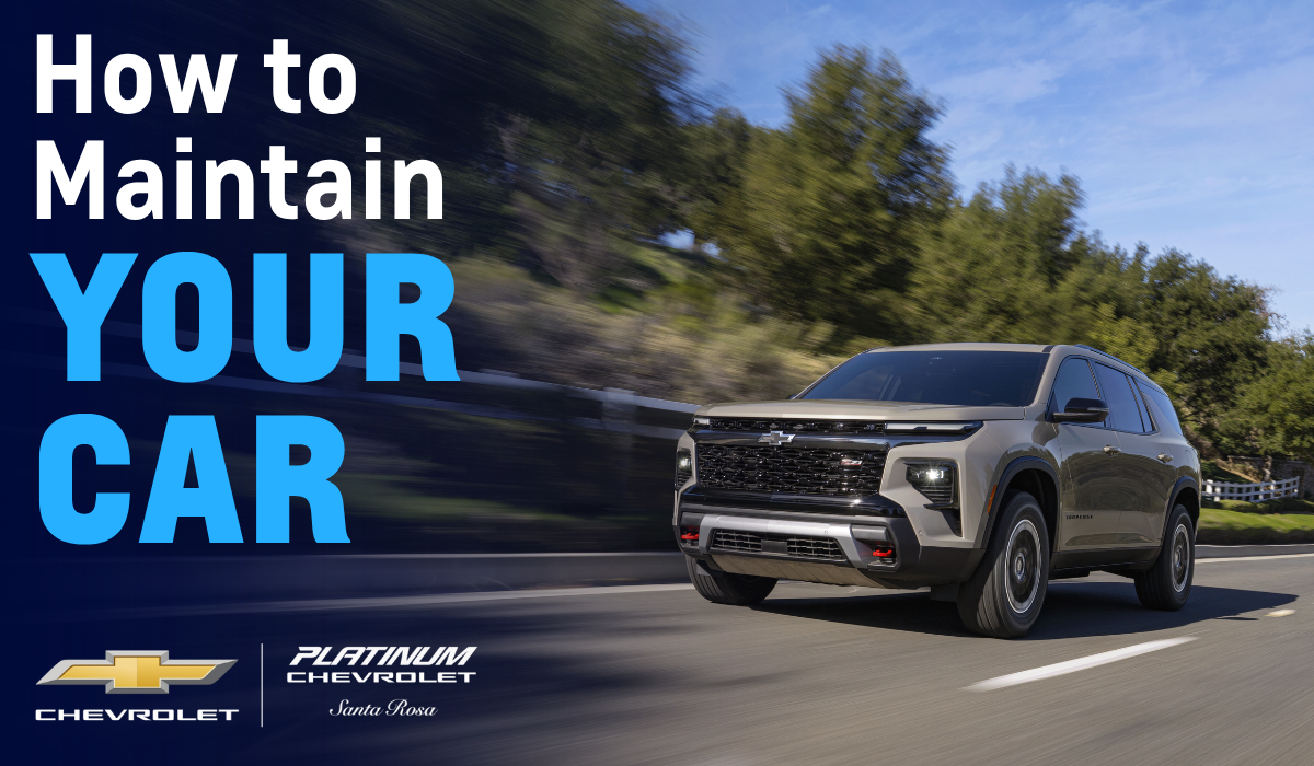 Chevrolet car driving on the highway with How to maintain your car text on the left side 